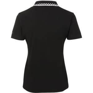 A black chef polo with a white checkered collar, featuring a logo on the back.