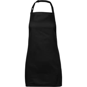 A black apron with a neck strap and adjustable buckle, featuring a logo.