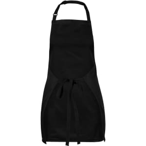 A black apron with an adjustable neck strap and ties at the waist, featuring a logo.