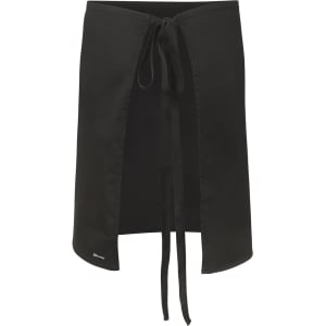 A black work apron with a tie waist and a split front design, featuring a logo.