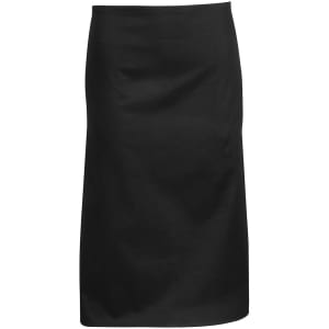 A black apron featuring a smooth, plain design and a logo. Suitable for workwear use.