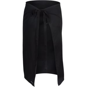 A black apron featuring a tie closure and a split design, with a subtle logo at the bottom.