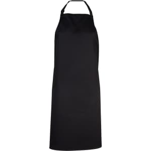 A black apron featuring a halter neck design and a simple style. It includes a logo on the front.