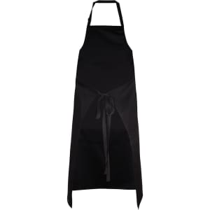 A black apron with a tie waist and neck strap, featuring a logo. Ideal for workwear.