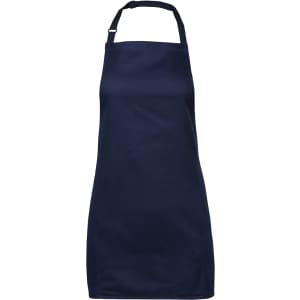 A navy blue apron with a simple design and an adjustable neck strap, featuring a branding logo.