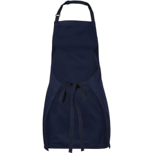 A navy blue workwear apron featuring a central pocket and waist ties, with an adjustable neck strap and a logo.