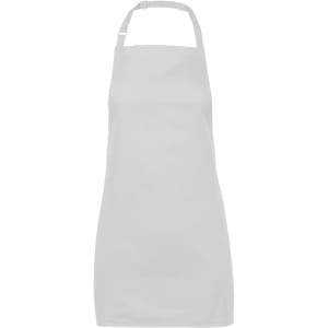 A plain grey apron featuring an adjustable neck strap and a simple design with a logo.