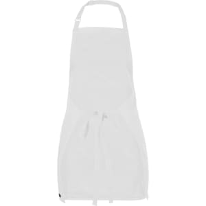 A white apron with adjustable straps and side ties, featuring a logo at the bottom.