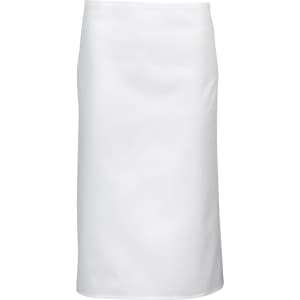 A white apron with a simple design, featuring a logo on the front. Suitable for workwear.