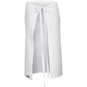A white apron featuring a front tie and an open design, with a logo detail at the bottom.