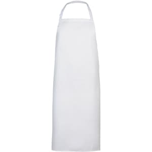 A white apron with a halter neck design and adjustable straps, featuring a logo.
