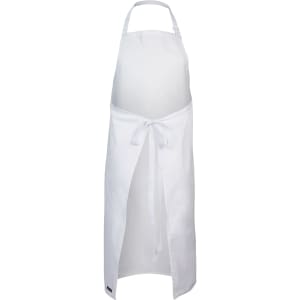 A white apron featuring a tie at the waist and a split front design. It includes a logo.