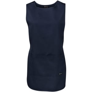A navy smock with a simple sleeveless design and two front pockets. Features branding on one side.