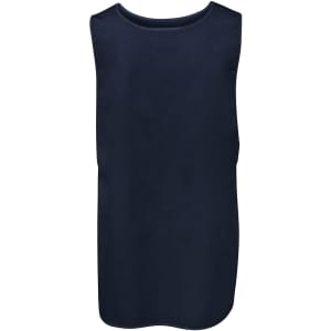 A dark navy tunic-style smock with a simple design and no sleeves, featuring a logo.