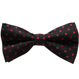 A black bow tie with red polka dots and a logo on the fabric.