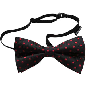 A black bow tie with red polka dots, featuring an adjustable strap and a brand logo.