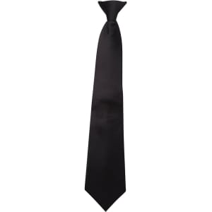 A black clip-on tie with a smooth finish, suitable for formal or casual occasions.