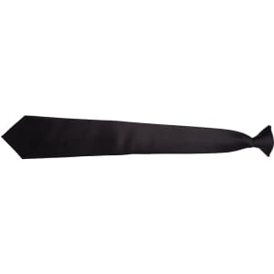 A black clip-on tie with a smooth finish and pointed end, ideal for formal occasions.