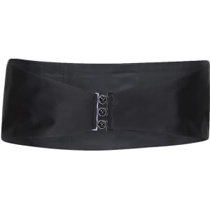 A black satin cummerbund with a sleek design and three-button fastening, featuring a branding logo.