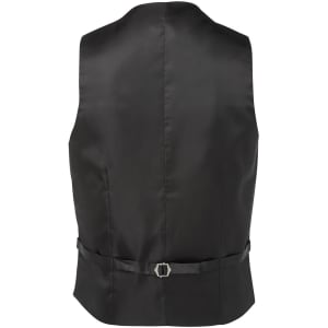 A black waiting vest with a smooth finish, featuring a belt and buckle detail at the back.