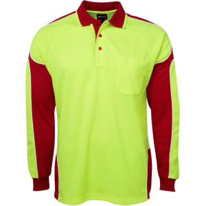 A long-sleeved polo shirt in high-visibility yellow with red panels and a logo on the chest pocket.