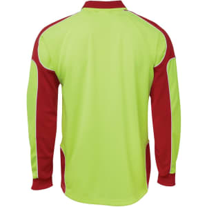 A long-sleeve polo shirt in fluorescent yellow and red with contrasting arm panels and a collar, featuring a logo.
