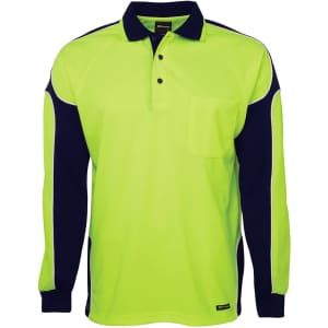 A long-sleeved polo shirt featuring a bright yellow body and navy blue arm panels, with a pocket and branding.