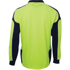 A long-sleeve polo shirt in high visibility yellow and navy, featuring raglan sleeves and branded details.