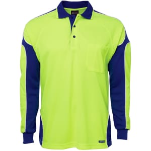A long-sleeve polo shirt in bright yellow and navy blue, featuring a chest pocket and contrasting sleeve panels.