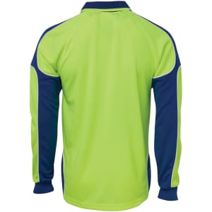 A long-sleeve polo shirt featuring a vibrant lime green and navy blue design with a logo on the front.