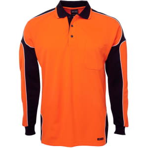 An orange and black long-sleeve polo shirt with a pocket and a logo. Designed for workwear.