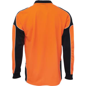 An orange long-sleeved polo shirt with black side panels and a logo on the front.