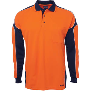 An orange and navy long-sleeve polo shirt with a pocket and a logo. Suitable for workwear.