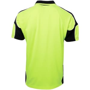 A short-sleeved polo shirt in high-visibility lime green with black accents and a logo.