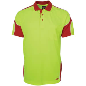 A bright yellow and red polo shirt with a pocket and a logo. Features a sporty design and short sleeves.