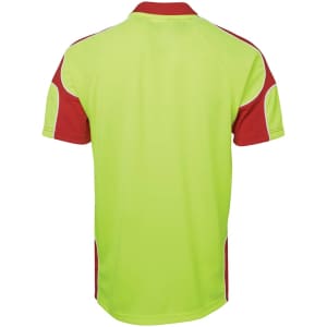 A bright lime green and red polo shirt featuring arm panel detailing and a logo.