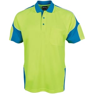 A bright yellow-green polo shirt with blue accents and a pocket, featuring a logo on the chest.