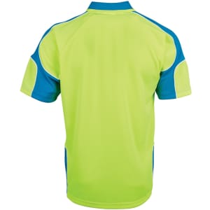 A short-sleeved polo shirt in bright lime green with blue arm panels and a logo.