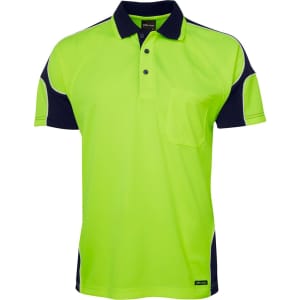 A high-visibility green polo shirt with navy blue arm panels and a chest pocket, featuring a logo.