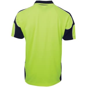 A bright lime green and navy blue polo shirt with arm panels and a branding logo.