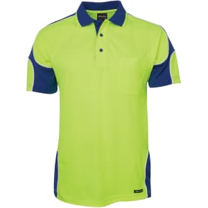 A high-visibility polo shirt in bright green and navy blue, featuring a pocket and a logo.