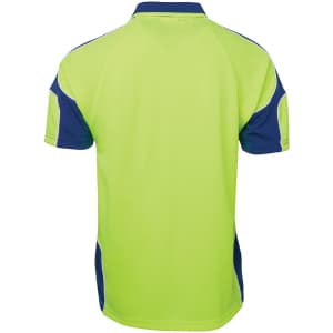 A bright lime green and navy blue polo shirt featuring an arm panel design and a logo.