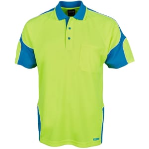 A bright yellow-green polo shirt with blue accents and a pocket, featuring a logo on the front.
