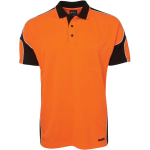 An orange and black short-sleeve polo shirt featuring a pocket and a logo.