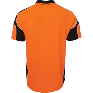 An orange and black polo shirt with short sleeves and a branded logo on the back.