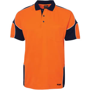 An orange and navy work polo shirt featuring a pocket, contrasting arm panels, and a collar. It has a logo.