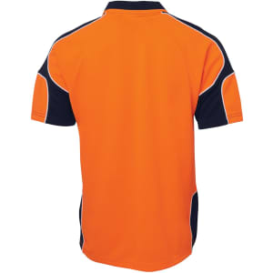 A work polo shirt featuring a bright orange body with navy blue panels and a logo on the back.