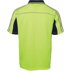 A high-visibility lime green polo shirt with navy blue accents and reflective details, featuring a logo.