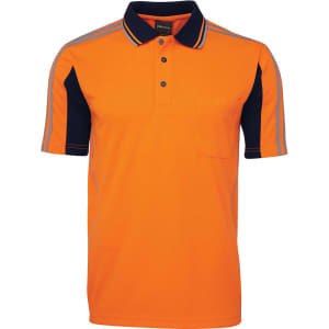An orange and navy polo shirt with a collar, short sleeves, and a chest pocket. It features contrasting stripes.