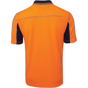 An orange and navy polo shirt featuring short sleeves and a logo, designed for workwear.